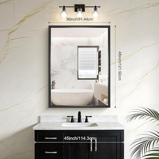 Black Rectangle Mirror, 48 x 36 Inch Large Bathroom Mirrors for Over Sink, 0.6" Thickened Deep Frame Rectangular Wall Mirror, Brushed, Tempered Glass, Antirust, Horizontally/Vertically