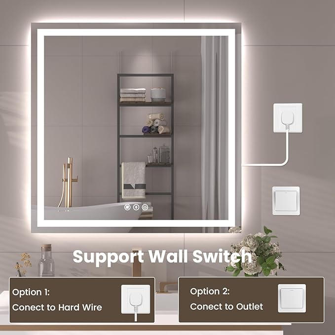Snowdool 32"X32" LED Bathroom Mirror with Front Lights and Backlit, Anti-Fog, Dimmable, Shatter-Proof Tempered Glass, Lighted Bathroom Vanity Mirror for Wall with 3 Colors, Memory Function