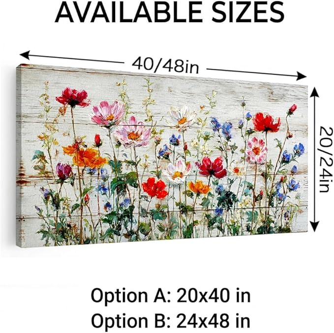 BQVCT Rustic Wildflower Canvas Wall Art 20x40 Inch on Distressed Wood Colorful Floral Print Red Pink Blue Orange Flowers Painting Farmhouse Home Decor for Living Room Bedroom