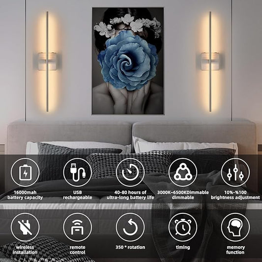 Rechargeable Battery Operated Wall Sconces set of 2, Brushed Nickel Wireless Wall Sconce with Remote Control, 3000K-6000K Dimmable LED Wall Light for Living Room Hallway Bedroom Stairs, 29 Inchs