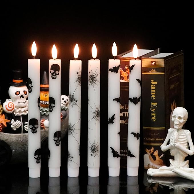 Halloween Flameless Taper Candles Battery Operated with Remote and Timer, 3D Wick Flickering LED Taper Candles Skull Bats Spider Decals Dinner Table Halloween Lights(6 Pack, 0.78 x 9.64”)