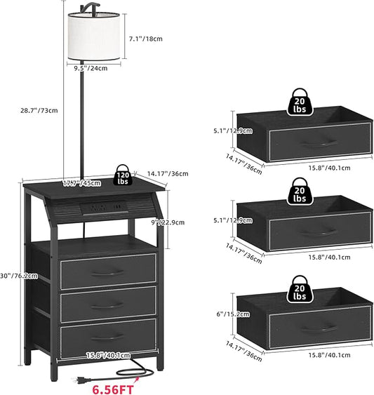End Table with Floor Lamp Set of 2, Nightstand with Charging Station, Floor Lamp Table with 3-Color Temperature Bulb, Bedside Table Night Stand with 3 Drawers for Bedroom, Living Room, Black
