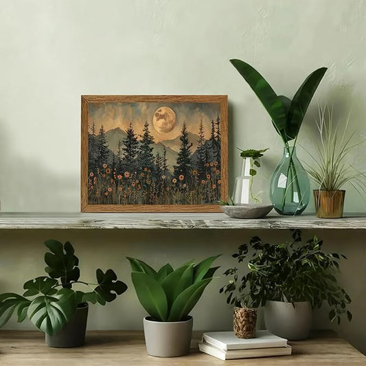 JLTULT Framed Vintage Moon Forest Canvas Wall Art, Moonlight Pine Tree Flower Wall Decor, Woodland Wildflower Picture Prints Artwork for Bedroom Living Room Office Decoration 8x10 inch Easy to Hang