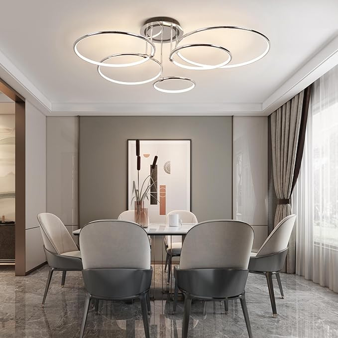 CANEOE Modern Ceiling Light Fixture,Chrome Dimmable Led Ceiling Light with Remote Control for Living Room,5 Rings Flush Mount Ceiling Lamp for Living Room Bedroom Kitchen Lighting Fixtures Ceiling