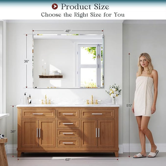 Frameless Bathroom Mirror for Wall, 36"x48" Beveled Bathroom Vanity Mirror, Wall Mount Mirrors for Bedroom Entryway Living Room Hangs Horizontally or Vertically