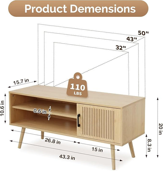 Modern TV Stand for 50 Inch TV, Entertainment Center with Storage Cabinets and Adjustable Shelf, Solid Wood Feet, Cord Holes, Groove Stripe Media TV Console Table for Living Room Bedroom