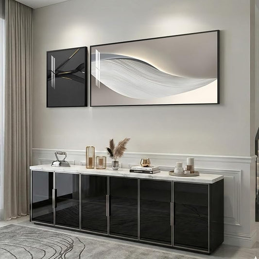 Extra Large Framed Modern Abstract Wall Art for Living Room, Set of 2 Long Horizontal Prints Paintings, Minimalist Black White and Silver Gray Pictures for Hallway Bedroom Dining Room Office Wall Decor