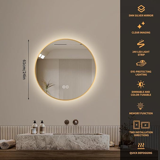 LAIYA 24 Inch Round LED Bathroom Mirror with Lights, Gold Aluminum Frame, Anti-Fog Dimmable Backlit Vanity Mirror, 3 Color Temperature, Memory Function, Wall Mounted Lighted Bathroom Mirror