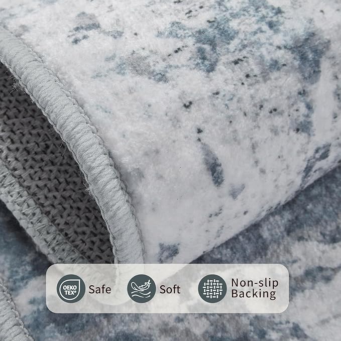 Rugxara 3x5 Washable Entryway Rug, Non Slip Boho Runner Rugs for Hallway, Entrance, Kitchen, Bathroom, Laundry Room, Soft Entryway Carpet, Throw Low Pile Retro Imitation Wool Carpet, Blue Grey