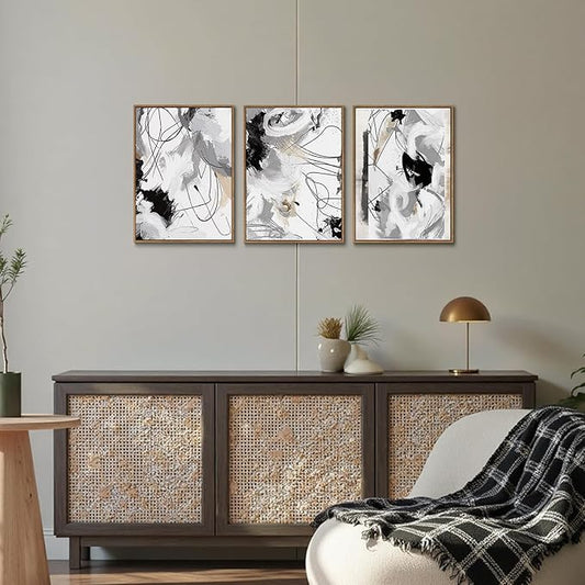 myusuar 3 Piece Large Modern Abstract Canvas Framed Wall Art For Living Room, Black And White Lines Minimalist Wall Art Decor Posters Prints For Bedroom Office, 12x16in