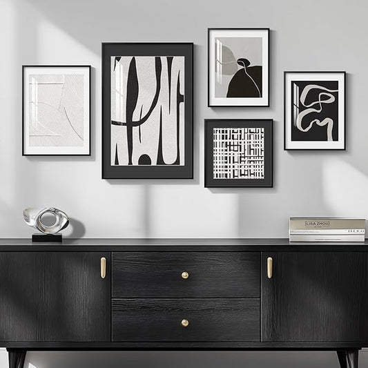 Framed Black and White Abstract Wall Art for Living Room, 5 Piece Modern Prints Paintings Artwork for Walls, Minimalist Black White Pictures for Hallway, Dining Room, Bedroom, Home Office Wall Decor