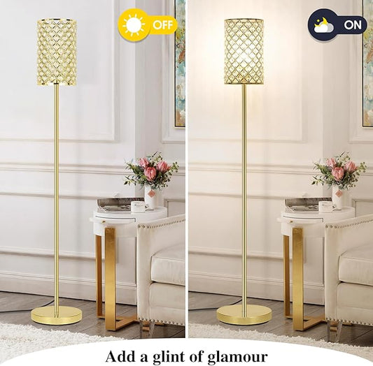 Gold Floor Lamp, Crystal Floor Lamp with Decorative Shade, Standing Lamp with On/Off Foot Switch & E26 Base, Modern Floor Lamps Corner Tall Pole Light for Living Room, Girls Bedroom, Dresser, Office