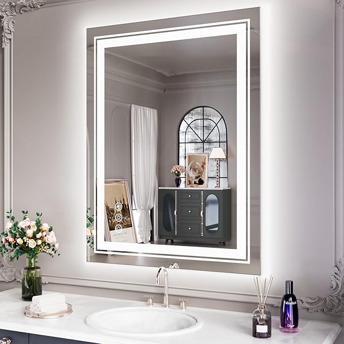 Snowdool LED Mirror for Bathroom, 28"X36" with 8 RGB Backlit +3 Front Lit (Adjustable Individually), Anti-Fog, Lighted Bathroom Vanity Mirror for Wall, Shatterproof, Memory Function, Tempered Glass