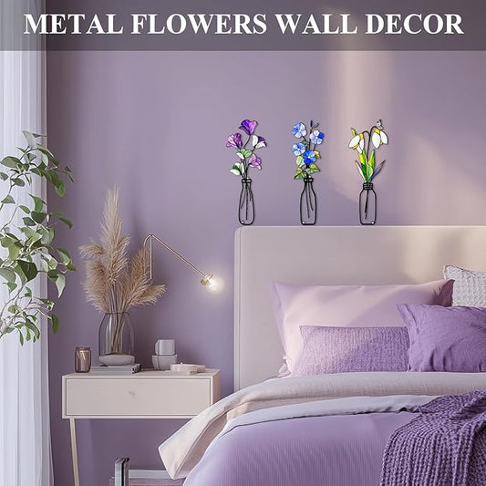 Fanjashn 3 Pcs Metal Flowers Wall Arts, Floral Art Wall Decor, Minimalist Flower Wall Decor for Living Room, Bathroom, Bedroom, Kitchen and Dining Room