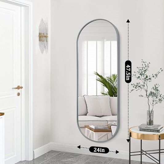 JJUUYOU Oval Full Length Bathroom Mirror 24"X48" Wall Mounted Mirrors Vanity Metal Frame Mirror Aluminum Alloy Frame Mirrors for Bedroom Entryway Living Room,Grey