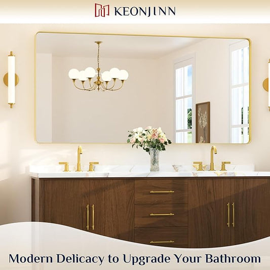 Keonjinn Brushed Gold Bathroom Mirror 72β x 36β Large Gold Bathroom Vanity Mirrors, Oversized Rounded Rectangle Mirror with Shatterproof HD Tempered Glass, Aluminum Alloy Frame(Horizontal/Vertical)