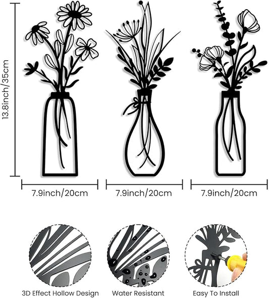 ZIYOGIFT 3 Pieces Black Metal Flowers Wall Art, Bathroom Kitchen Bedroom Wrought Iron Decor, Modern Sculpture Hanging for Living Laundry Dining Room Farmhouse Home Office Apartment, Housewarming Gifts