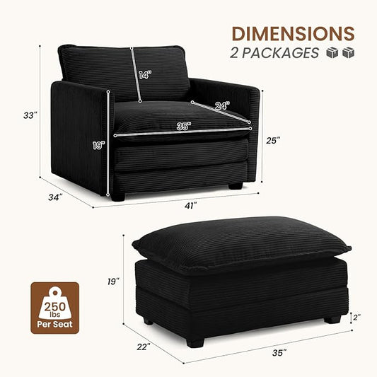 ROWHY Single Armchair with Ottoman, Modern Corduroy Cloud Couch with Convertible Chaise, Upholstered Sofa Set for Living Room, Black