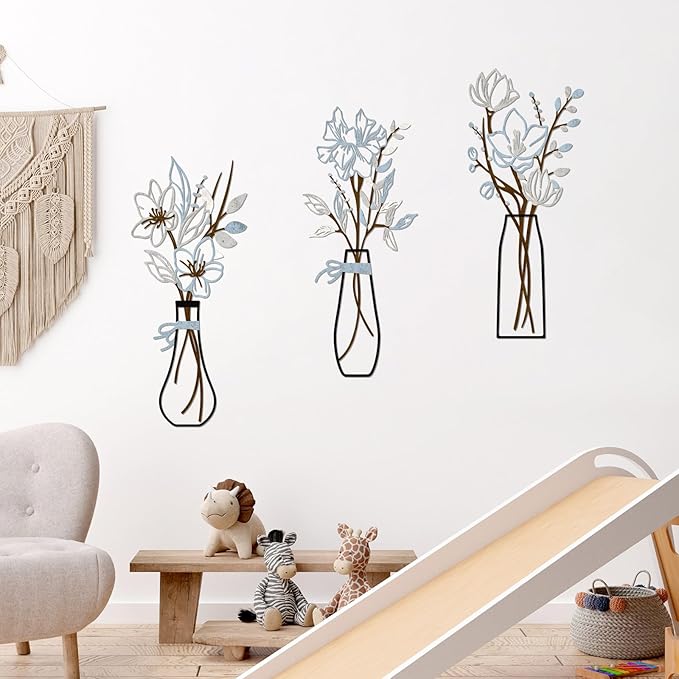 3 Pcs Metal Flowers Wall Arts Rustic Farmhouse Decor Bathroom Wall Decor Metal Wall Decor for Living-room Dining-Room Kitchen Minimalist Decor Housewarming Gifts (Blue Brown)