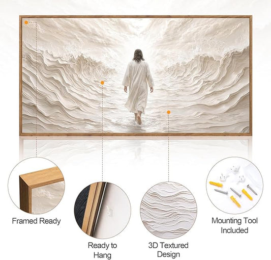 Aurlan Jesus Walking on Water Framed Wall Art(40"x20"), 3D Textured Modern Christian Biblical Faith Divine Light Canvas Artwork, Large Religious Spiritual LDS Baptism Gift Painting Decor for Home Office Living Room Bedroom