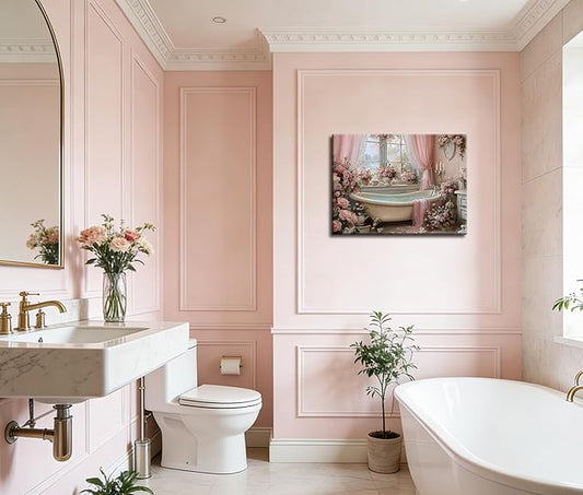 Frimeeme Pink Bathroom Wall Decor, Pink Roses Bathtub Print, Luxury Floral Bathroom Decor, 12x16 Inches