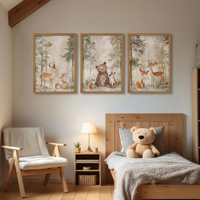 Woodland Nursery Wall Art Decor Animal Forest Canvas Prints Baby Boy Room Wall Decor Bear Nursery Nature Pictures Deer Prints Artwork for Boy Girl Kids Bedroom 12x16 Inch Wood Framed Set of 3