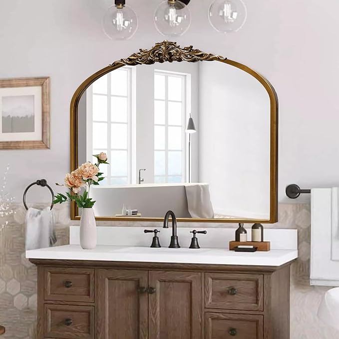 36''x29'' Antique Gold Arched Wall Mirror with Metal Flower Carving Frame, Small Vintage Retro Baroque Mirror Ornate, Vanity Mirror for Bathroom, Fireplace,Entryway, Living Room (Vintage Gold,)