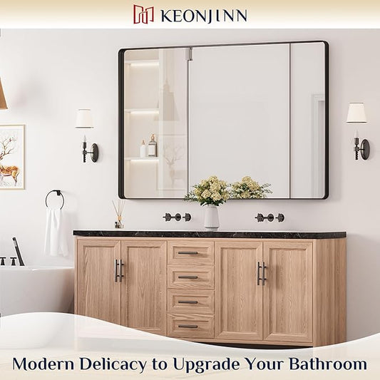 Keonjinn Black Bathroom Mirror for Over Sink, 60 x 40 Inch Large Rounded Rectangle Bathroom Vanity Mirror, Matte Black Sandblasted Finish, HD Tempered Glass, Seamless Metal Frame(Horizontal/Vertical)