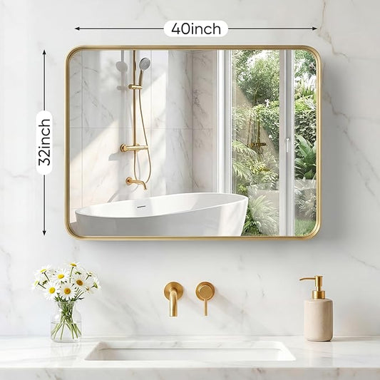 NEWBULIG 32X40 Inch Bathroom Mirror for Over Sink, Wall Vanity Mirrors Tempered Glass, Anti-Rust Metal Framed Rounded Rectangle, Hangs Horizontally or Vertically, Farmhouse Home Decor, Gold
