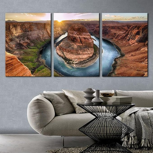 Pacimo 3 Piece Canvas Wall Art - Sunset Moment at Horseshoe Bend Colorado River Grand Canyon National Park Arizona Landscape Modern Home Art Decor Stretched and Framed Ready to Hang - 20"x28"x3 Panel