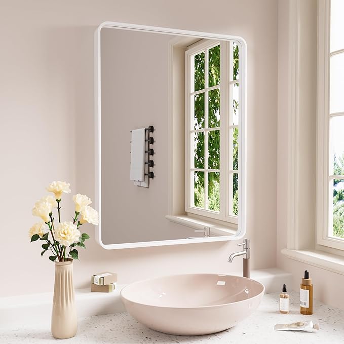 JISOSO White Bathroom Mirror 40x30 Inch, White Metal Framed Bathroom Mirror for Wall, Rounded Rectangle Matte Bathroom Vanity Mirror, Tempered Glass, Anti-Rust, Horizontal/Vertical