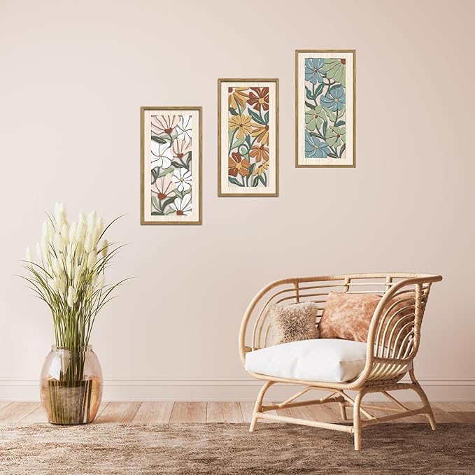 KAIRNE Vintage Colorful Floral Wooden Wall Art Set of 3,Abstract Boho Wood Decoration,Mid Century Modern Flower Wall Decor,Minimalist Wildflower Artwork for Living Room Bedroom Office,8X16 inch