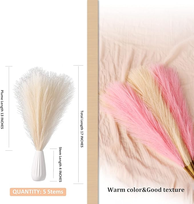 Faux Pampas Grass, 18"/45cm Artificial Pampas Grass Fluffy 6 Stem pompous Grass Flower Arrangement for Boho Home Wedding Decoration(Grey)