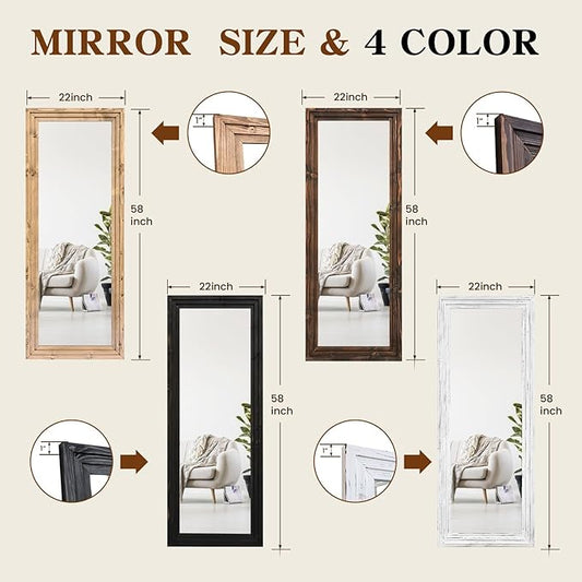 Full Length Mirror 58"x22" Solid Wood Frame Floor Large Mirror for Living Room, Bedroom Hanging or Leaning Wall-Mounted, Light Brown