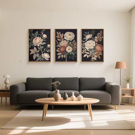HOURIA Large Moody Dark Flower Framed Canvas Wall Art,Retro Beige Red Peony Wall Decor,Vintage Textured Blossom Botanical Artwork,Natural Wildflower Art Print for Living Room,Bedroom,Office-24 x36 x3