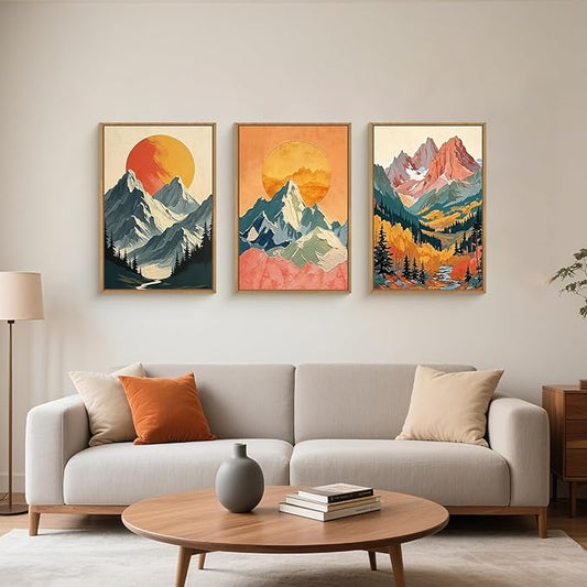 HPNIUB Boho Sunrise Mountain Framed Wall Art Set,Modern Abstract Forest Wall Decor,Colorful Sun Scenery Nature Woodland Printing,Grassland River Artwork for Living Room, Bedroom,Office-16''x24''x3