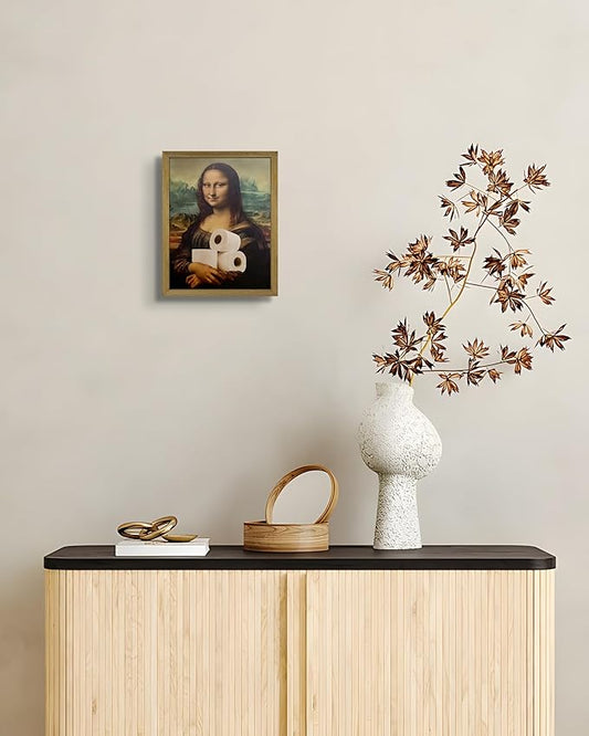 XYHYRA Vintage Mona Lisa Bathroom Wall Art, Funy Abstract Mona Lisa Paper Roll Wall Decor, Humor Amusing restroom Canvas Print Painting for Toilet Bathroom Home Decor 8x10 Inch Framed