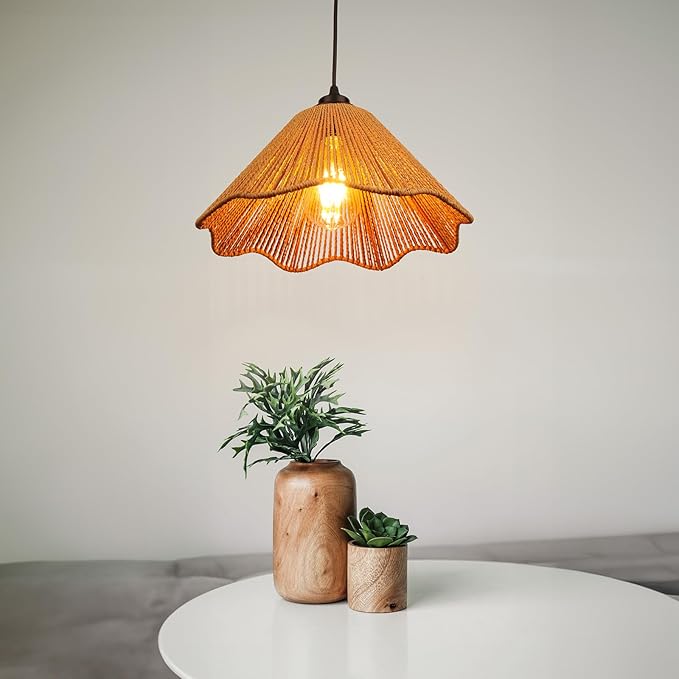 Plug in Pendant Light, Rattan Hanging Lights with Plug in Cord 13FT Hemp Black Cord, On/Off Switch Chandelier for Boho Living Room Bedroom Kitchen(Bulb Included) Brown-12 x 6 inch - 2 Pack