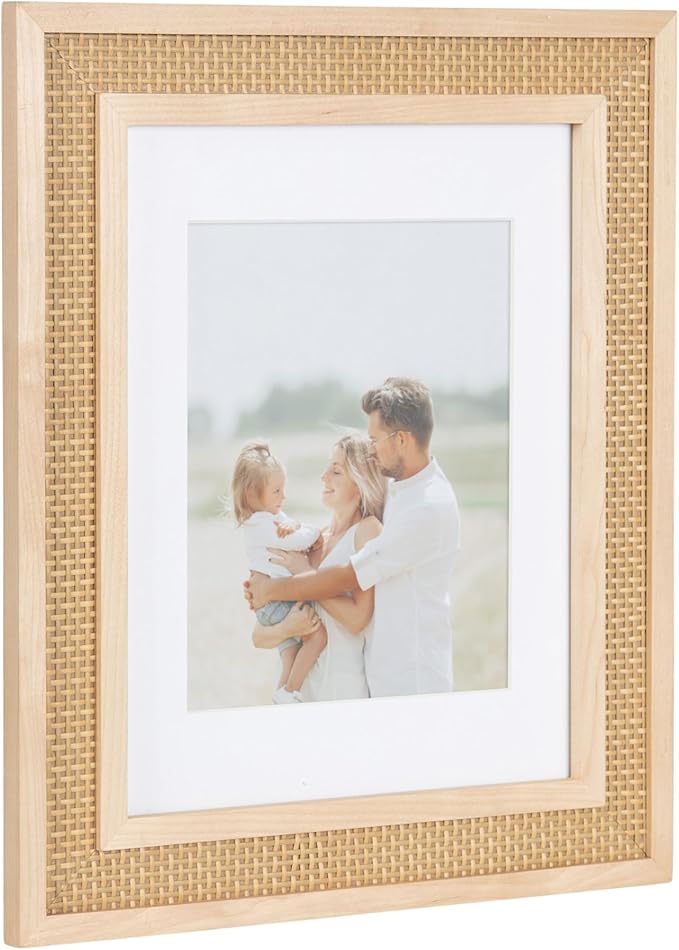 Kate and Laurel Corah Modern Faux Rattan Picture Frame Set of 2, 11 x 14 matted to 8 x 10, Natural, Boho Two-Piece Glass Photo Frame Set for Gallery Wall Design in Living Room Wall Decor