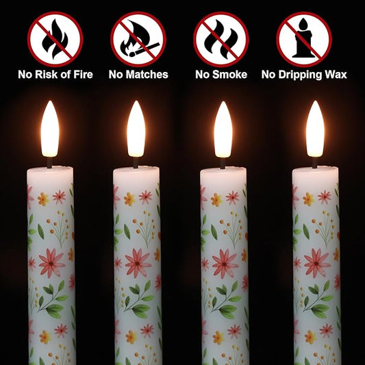 Flickering Flameless Taper Candles with Remote and Timer, 4 Pack Real Wax Battery Operated LED Taper Candles 3D Wick Yellow Flower Decal Dinner Wedding Spring Home Decor(0.75" D x 9.65" H)