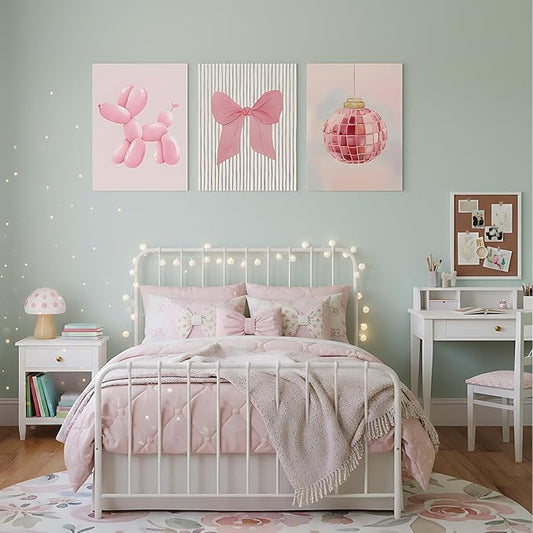 Yxjyzzkx Pink Cute Wall Art Set of 3 – Aesthetic Canvas Prints for Girls Room, Nursery & Kids Bedroom, Pink Bow Balloon Dog Chandelier Artwork, Modern Kawaii Wall Decor