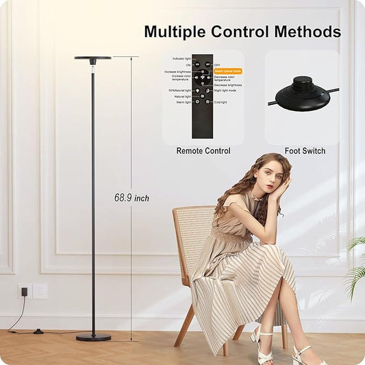 Dimmable Floor Lamp with Remote,Floor Lamps for Living Room Bedroom Office,Adjustable Brightness (10%-100%)and Color Temperature (3000k- 6000k ),Standing Lamp Tall Lamp with Foot Switch (black)
