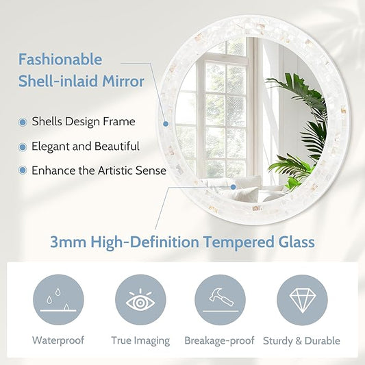 Tanmicoshomy Round Bathroom Mirror 28 Inch,Circle Mosaic Wall Mirrors with Natural Shell Frame, Decorative Coastal Mirrors for Bathroom Bedroom Living Room or Entrayway