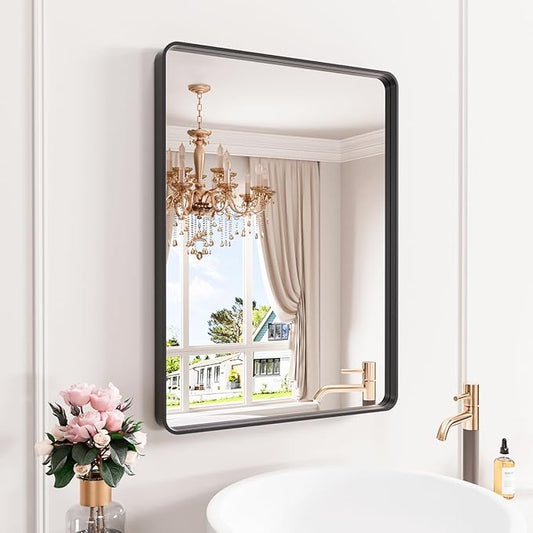 JISOSO Black Bathroom Mirror 21X30 Inch, Black Metal Framed Mirror for Wall, Rounded Rectangle Matte Bathroom Vanity Mirror with Tempered Glass, Anti-Rust, Horizontal/Vertical