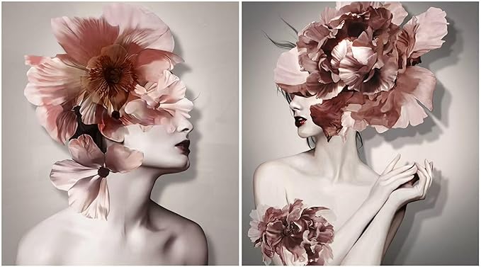 2Pcs Wood Framed Floral Woman Canvas Wall Art Fashion Painting Prints Abstract Portrait Poster Picture Gallery Wall Decor Print Artwork Bedroom Living Room 16x24 Inch Ready to Hang