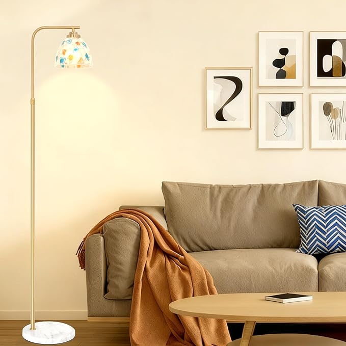 Mid-Century Modern Floor Lamp with Tiffany Style Stained Glass Shade - Vintage Brass Tree Standing Light for Living Room, Bedroom, Reading Book - Farmhouse, Bohemian, Boho Chic Home Decor