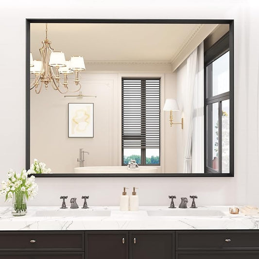 JISOSO Bathroom Vanity Mirror 48x36 Inch, Matte Black Rectangle Bathroom Mirror, Anti-Rust, 4MM Tempered Glass, Wall-Mounted Mirror, Hangs Horizontally or Vertically for Bathroom & Bedroom