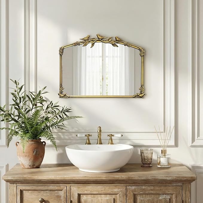 Gold Baroque Vintage Mirror for Vanity 19x25Inch Gold Antique with Ornate Frame, Arched Vintage Wall for Bathroom, Living Room, Fireplace, Entryway (Golden (Arched 6), 20"L x 26"W(Vertical ))