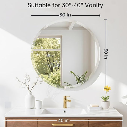 30 Inch Round Frameless Bathroom Mirror, Beveled Round Mirror, Circle Vanity Mirror with 1" Beveled Edge for Bathroom, Entryways, Living Room