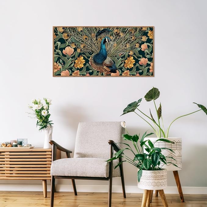 HLNIUC Boho Peacock Framed Canvas Wall Art,Vintage Animal Feather Wall Decor,Large Green Gold Botanical Floral Artwork Set of 3(24x36),Modern Nature Blossom Prints for Living Room,Bedroom,Office
